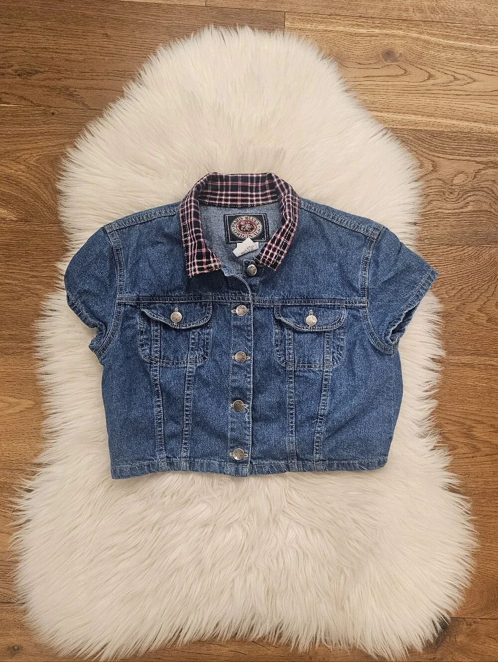 Vintage Paris Blues Denim Crop Jacket with Plaid Lining